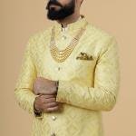 Stunning Yellow Sequin Embroidered Achkan for Men | Father Son Combo | Perfect for Grooms